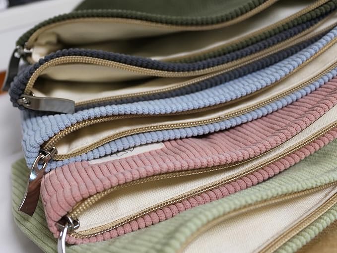 HAPPYHEIDI Corduroy Makeup Bag with Pocket Cute Cosmetic Toiletry Travel Pouch, Soft Fabric, Vintage Classic Gray, Lightweight, Canvas Lined