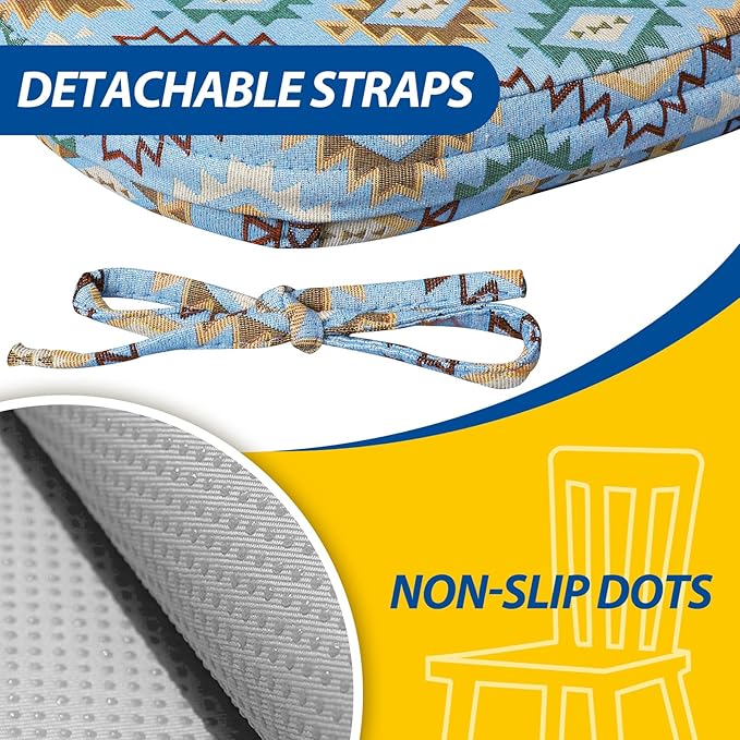 AAAAAcessories D-Shaped Chair Cushions, 2" Thick Dining Chair Pads with Ties and Removable, Machine-Washable Cover, 17" x 16", Set of 4, Geometric Blue