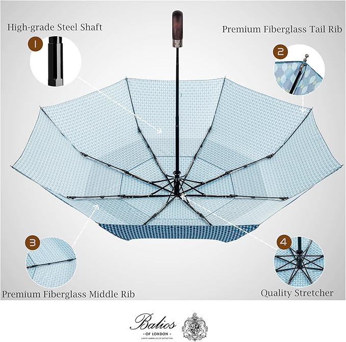 Balios Travel Folding Umbrella with Real Wood Handle Auto Open Close Vented Windproof Canopy - Designed in UK
