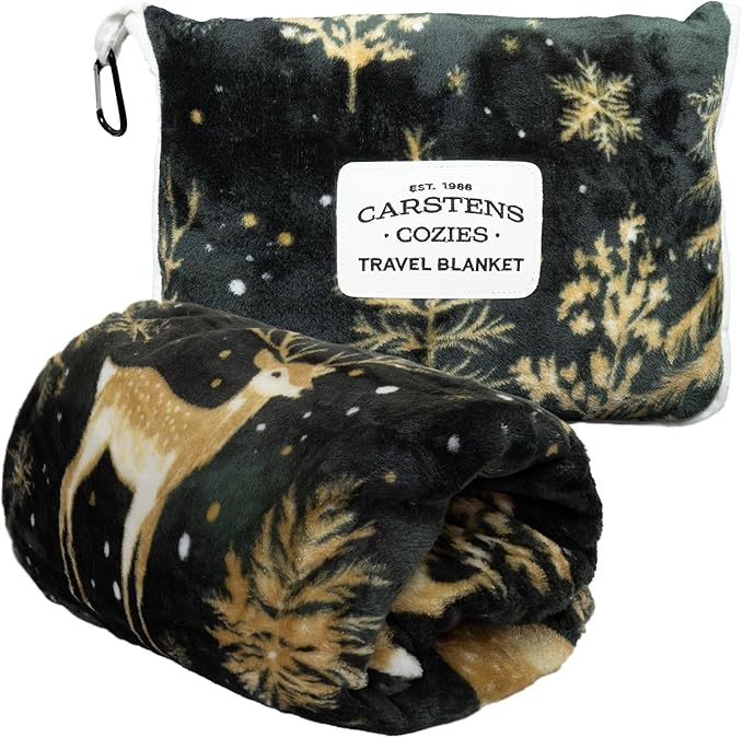 Carstens, Inc. Travel Blanket, Premium Compact 2-in-1 Airplane Blanket/Pillow, Green & Gold