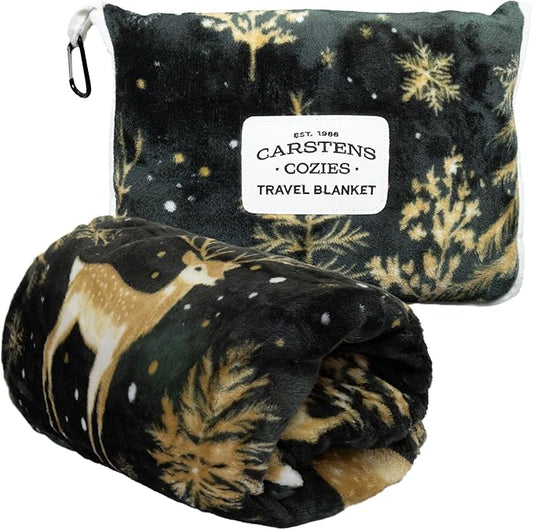 Carstens, Inc. Travel Blanket, Premium Compact 2-in-1 Airplane Blanket/Pillow, Green & Gold