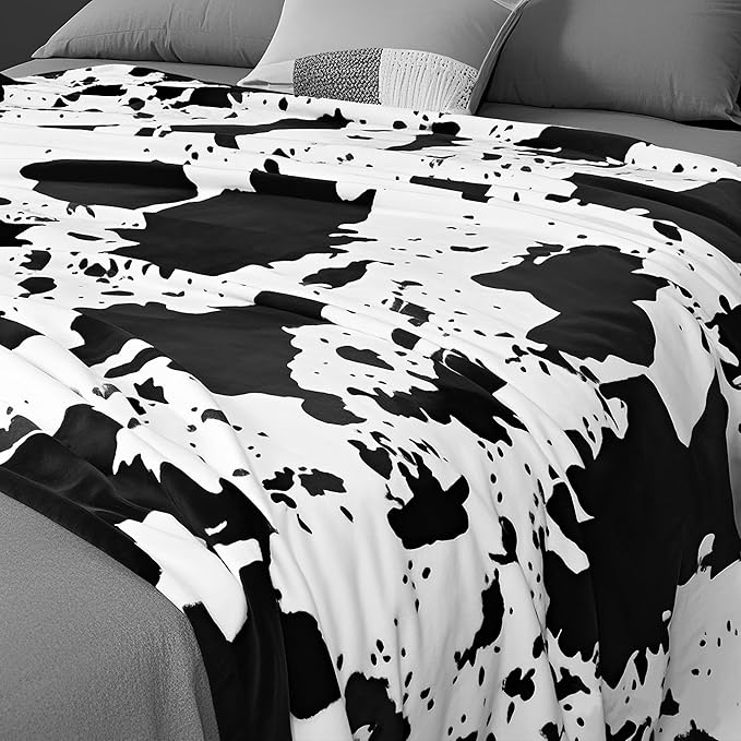 Cow Print Blanket, Ultra Soft Cozy Throw for Couch Bed and Travel, Cow Decor Throw Blankets for All Seasons 50"x60" (Black)