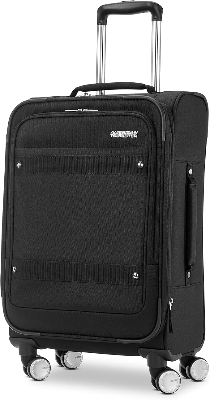 American Tourister Whim Softside Expandable Luggage with Spinners, Black, 2PC SET (Carry-on/Medium)