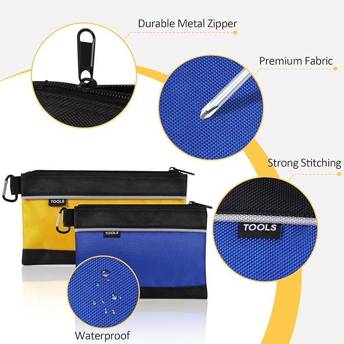 COIDEA 4 Pack Tool Pouch, Small Tool Bag with Zipper, 1680D Oxford Waterproof Multipurpose Tool Pouches with Carabiner for Men Tools, Travel Accessary, Stationary, Gadgets Storage Organizer, PSGJD-X4