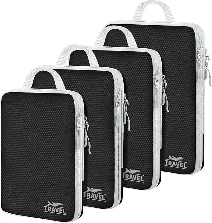 4 Set Compression Packing Cubes, Suitcase Organizer, Lightweight Travel Essentials, Compression Bags For Travel Accessories Luggage Storage Set (4 Pcs, Black)