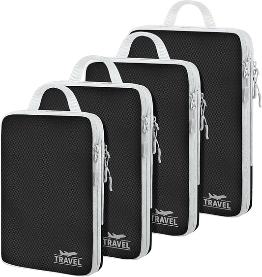 4 Set Compression Packing Cubes, Suitcase Organizer, Lightweight Travel Essentials, Compression Bags For Travel Accessories Luggage Storage Set (4 Pcs, Black)