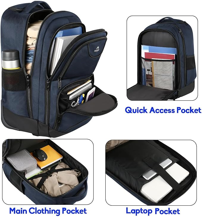 MATEIN Backpack with Wheels, Travel-friendly Rolling Laptop Backpack for Men Women, Freewheel Carry on Luggage Business bag, Compact College Trolley Suitcase Computer Bag fit 17 inch Notebook, Blue