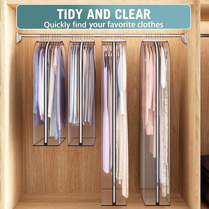 Liuoud Clear Garment Bag for Hanging Clothes 10” Gusseted, 40&60” Suit Bags for Open Closet Storage Plastic Clothes Cover for Coat, Dress, Shirts, Fur, Jacket, Wardrobe Protectors, 4 Pack