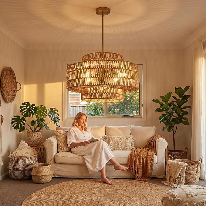 20" Large Boho Rattan Chandelier Hand Woven Rattan Pendant | 4-Light Upgraded Farmhouse Hanging Ceiling Light for Dining Room, Kitchen Island, Bedroom, Living Room, Entryway, Foyer