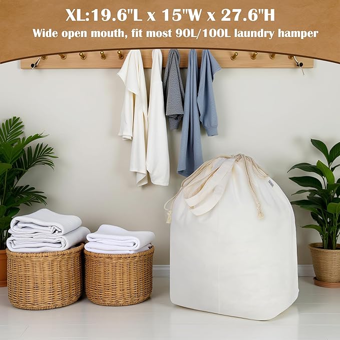 Canvas Laundry Bags with Handles & Rectangular Base, 90L Extra Large Heavy Duty Laundry Basket Hamper Liner Replacement, Washable Canvas Drawstring Dirty Clothes Bag (Beige, 2 Pack)