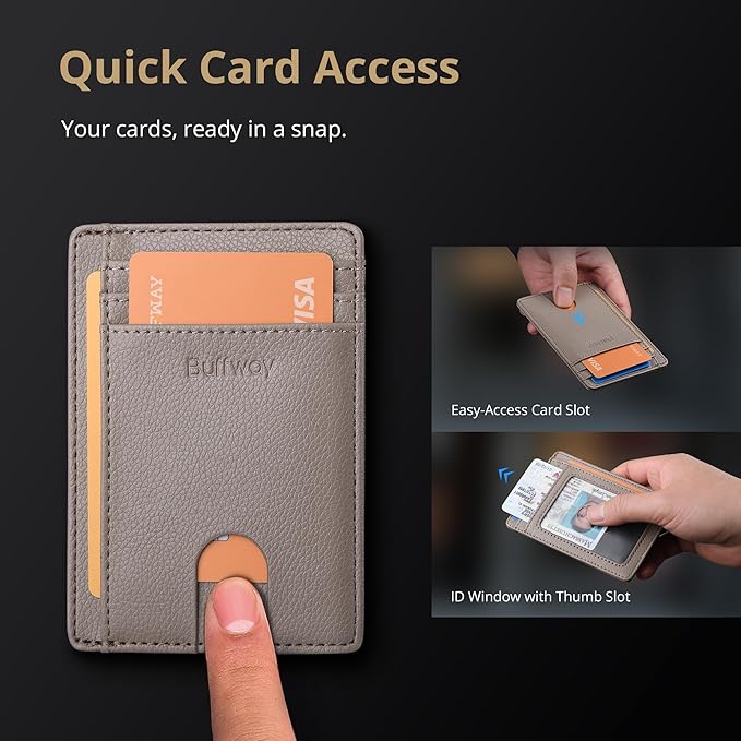 Buffway Slim Minimalist Front Pocket RFID Blocking Leather Wallets for Men and Women - Lichee Khaki