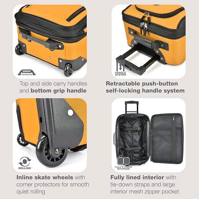 U.S. Traveler Rio Lightweight Softside Rolling Carry-on Suitcase, 2-Wheel Set, Orange