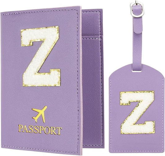 PATIKIL Passport Holder for Travel, Initial Passport Cover and Luggage Tag Set with Alphabet Chenille Letter Patch Travel Wallet Bag Suitcase Identifier for Women Family Travel Purple Z
