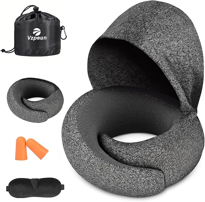 Travel Pillow - Hooded Neck Pillow Airplane Memory Foam Filling for Plane, Office, Cars Sleeping, Road Trip, Long Flights, Portable Plane Accessories, Includes Eye Mask & Earplugs (Dark Gray)
