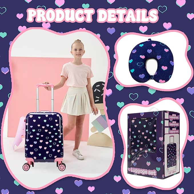 Kid's Luggage Set 2 Piece Suitcase Set Hardside Luggage with Spinner Wheels Girls Carry on Toddler Travel Rolling Suitcase with Neck Pillow Airline Approved