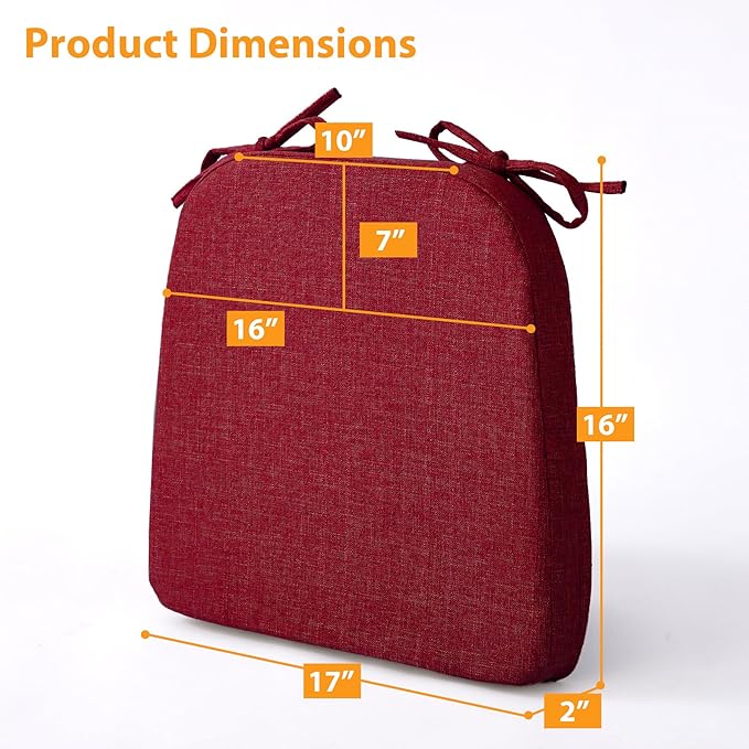 Chair Cushions for Dining Chairs, 2" Thick Seat Cushions for Kitchen Chairs, D-Shaped Chair Pads with Washable Cover, Ties and Non Slip Backing, 17'' x 16'', Set of 2, Red