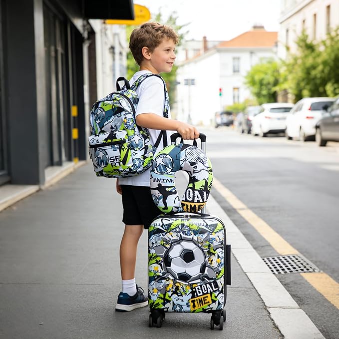 Kid’s Luggage Set 6 Piece Suitcase Set 16" Hardside Luggage with Spinner Wheels Girls Boys Carry on Luggage Travel Rolling Luggage Airline Approved (Soccer)