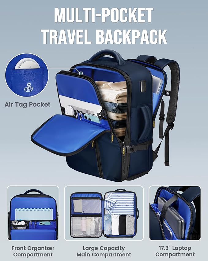 MATEIN Personal Item Backpack 18x14x8, Expandable TSA Approved Underseat Travel Backpack Fit 17.3 inch Laptop, Large Carry on Bag Luggage with Shoe Compartment Removable for Frontier Airlines, Blue