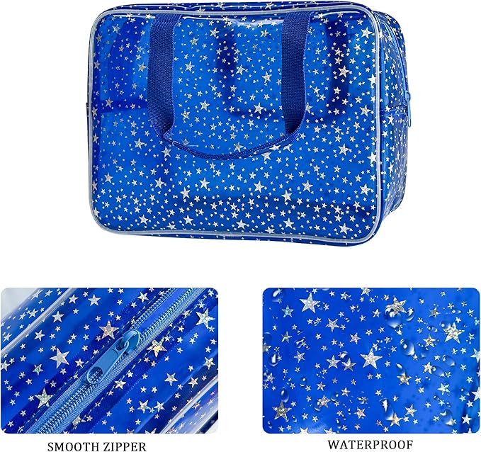 Dark Blue Clear Star Large Cosmetic Bag and Travel Pouch with Handle,Durable Material,Zipper Design-Ideal for Makeup,Travel Essentials (Dark Blue)