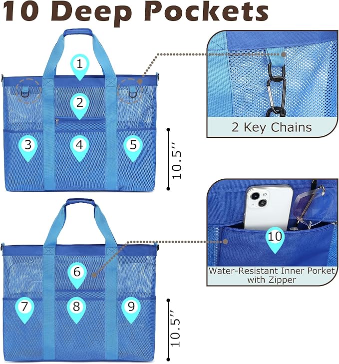 Fammart Mesh Beach Bag, Large Beach Tote with Zipper Pocket, Toys Pool Bag for Family Travel Vacation Cruise Essentials