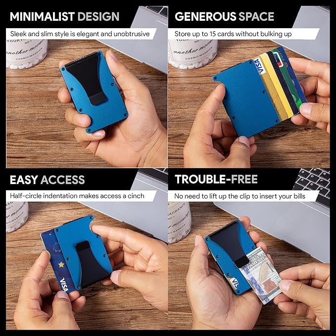 Carbon Fiber Minimalist Wallet for Men Credit Card Holder Money Clip & Cash Strap Slim RFID Mens Wallets(Matt Blue)