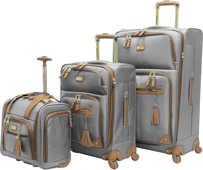 Steve Madden Designer Luggage Collection - 3 Piece Softside Expandable Lightweight Spinner Suitcase Set - Travel Set Includes an Under Seat Bag, 20-Inch Carry on and 28-Inch Checked Suitcase, Harlo
