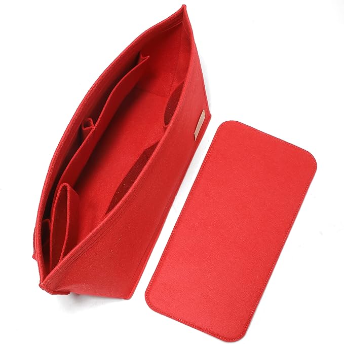 Doxo Purse Organizer Insert, Felt Bag Insert Tote Shaper Fit LV Neverfull PM & Base Shaper 2pc Set with Zipper Pocket and Bottle Holder (Medium-Red-Combination)