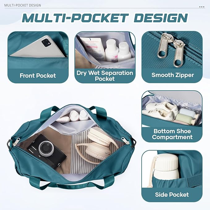 Travel Duffel Bag with Shoe Compartment, Large Weekender Bags for Women Men with Trolley Sleeve for Airplane, Waterproof Carry on Bag Sport Tote Bags Hospital Holdalls, Peacock Blue