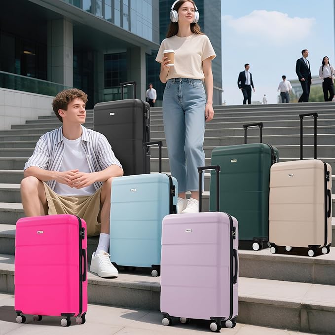Merax Luggage Set, 3 Piece Hardcase Luggage with Double Spinner Wheels, Carry on Suitcase Airline Approved,20+24+28 inch,Pink Purple