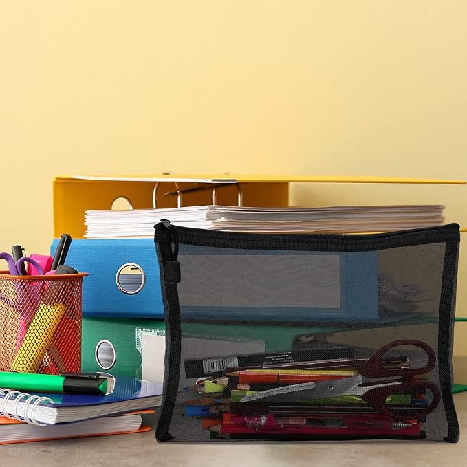 Outus 15 Pieces Mesh Bags Pouch Mesh Zipper Pouch Makeup Bags Cosmetic Travel Organizer Zipper Pencil Case for Organizing Office travel Storage(9.84x7.09, 7.87x3.94, 5x3.94 Inches,Black)