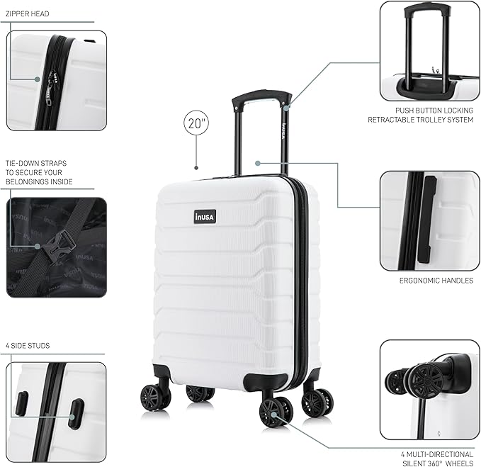 InUSA TREND Luggage with Spinner Wheels | Durable Lightweight Hardshell Suitcase, Travel bag with Handle and Trolley, 20-Inch Carry On Small Luggage | White