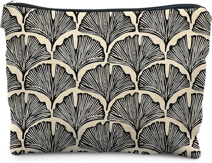 Abstract Black and Beige Makeup Bag, Art Deco Feather Palm Botanical Cosmetic Bags for Women, Mid Century Modern Art Zipper Makeup Pouch