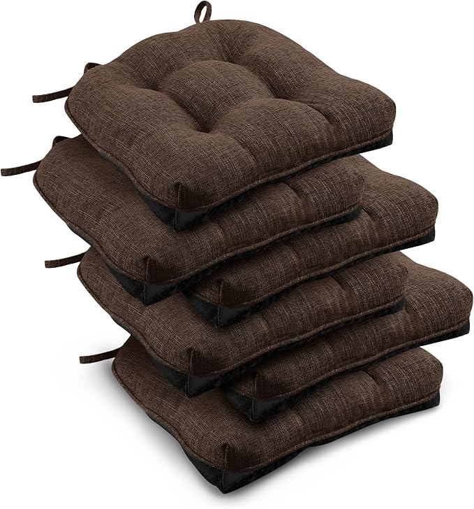 downluxe Indoor Chair Cushions for Dining Chairs, Tufted Overstuffed Textured Foam Kitchen Chair Pads with Ties and Non-Slip Backing, 15.5" x 15.5" x 4", Brown, 6 Pack