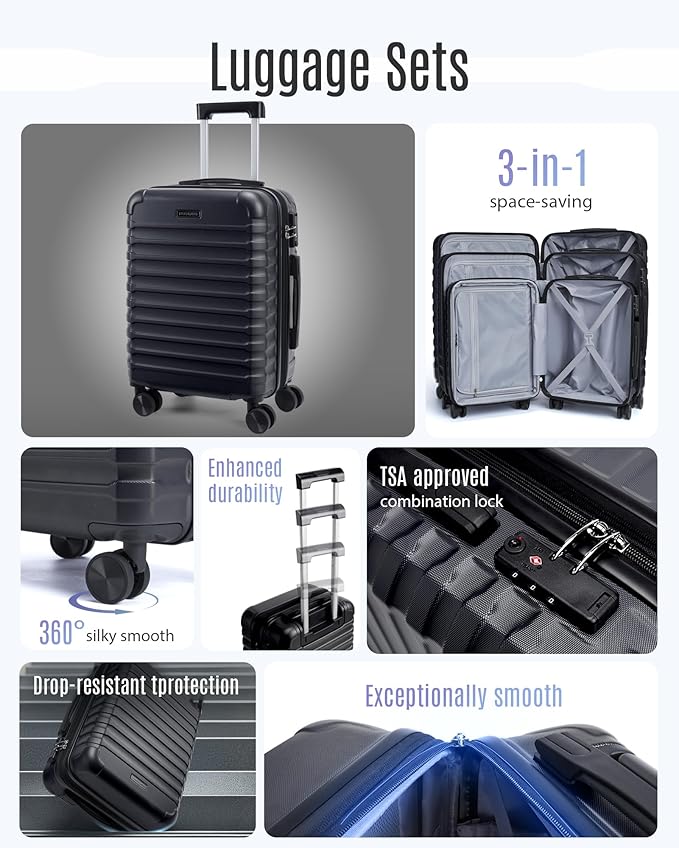 LIGHT FLIGHT Luggage Sets, 3 Piece Durable Suitcase Set with Spinner Wheels, 3 Pcs Hardside Lightweight luggage with TSA Lock, Large Checked Travel Suitcases, 20/24/28 Inch, Black