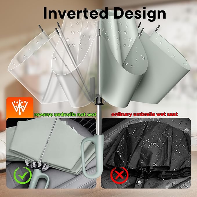 QWB TUMAAOTU Inverted Umbrella with Carabiner Handle, Compact Wind Proof Umbrellas For Rain and Sun Protection, Portable Reverse Folding Umbrella, Car Umbrella for Women Men, 10 Ribs