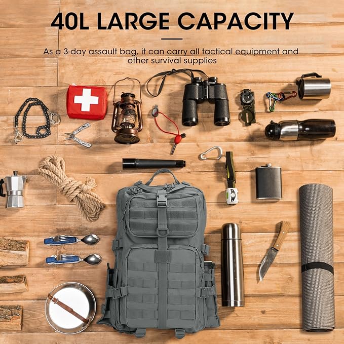 REEWBOW GEAR 40L Military Tactical Backpack For Men 3 Day Survival Heavy Duty Daypack MOLLE Bug Out Bag Hiking Rucksack (Grey with Bottle Holder)
