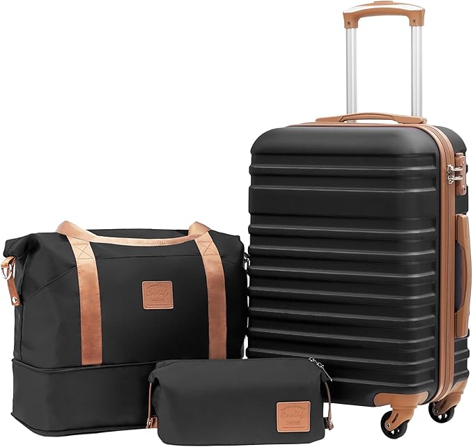 Coolife Suitcase Set 3 Piece Luggage Set Carry On Hardside Luggage with TSA Lock Spinner Wheels (Black, 3 piece set (DB/TB/20))
