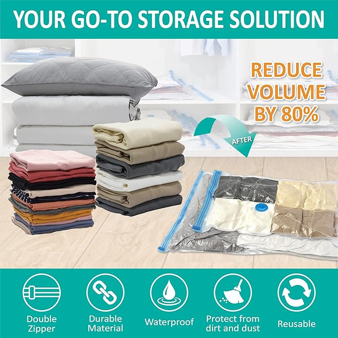 Cozy Essential Vacuum Storage Bags, 80% Compression Vacuum Seal Space Saver Plastic Packaging Bags for Clothes, Blankets, Pillow, Bedding, Comforters, Sealer Clothing Storage,16 Combo