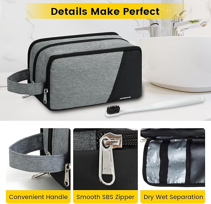 Vorspack Travel Toiletry Bag - Toiletry Bag for Men Water Resistant Skincare Bag for Bathroom Toiletries Accessories Gifts - Grey