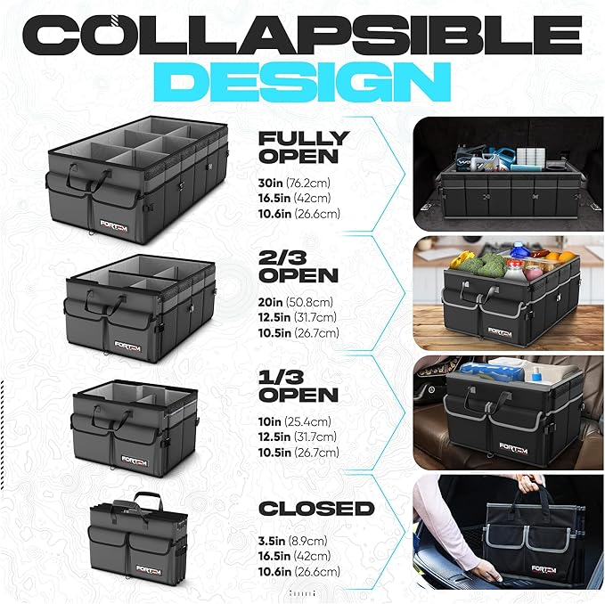 FORTEM Trunk Organizer with Cooler For SUV Car Trunk, Foldable Storage, Car Accessories for Women Men, Collapsible Bag, Perfect Christmas Gifts, 600D Oxford, Non Slip Bottom, Straps, Soft Cover (105L)