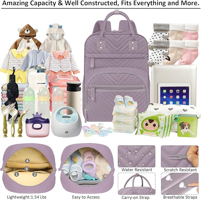 Tenot Diaper Bag Backpack for Women Large Capacity with Insulated Pockets Multifunctional Diaper Bags For Baby Girl Boy Waterproof Baby Bags For Mama Maternity Travel Bag Purple