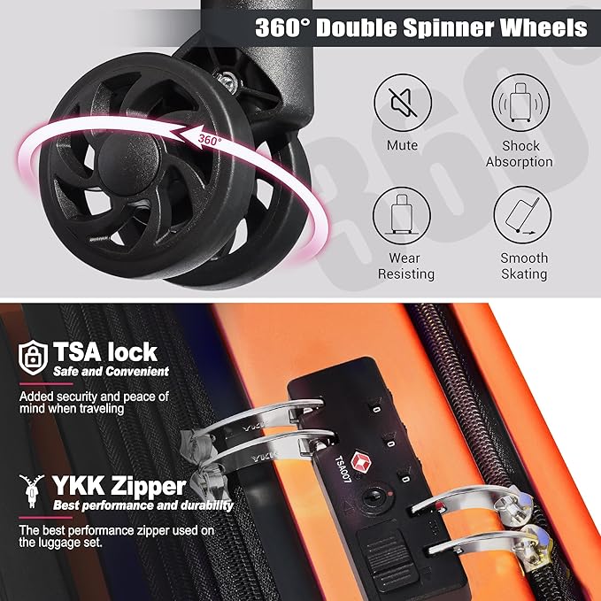 SmileLine 3-Piece Luggage Set Lightweight Hardside Suitcase TSA Lock Spinner Wheels, 20" Expandable Carry-On Luggage with Quick Access Front Open Pocket, Bonus Makeup Bag,Orange