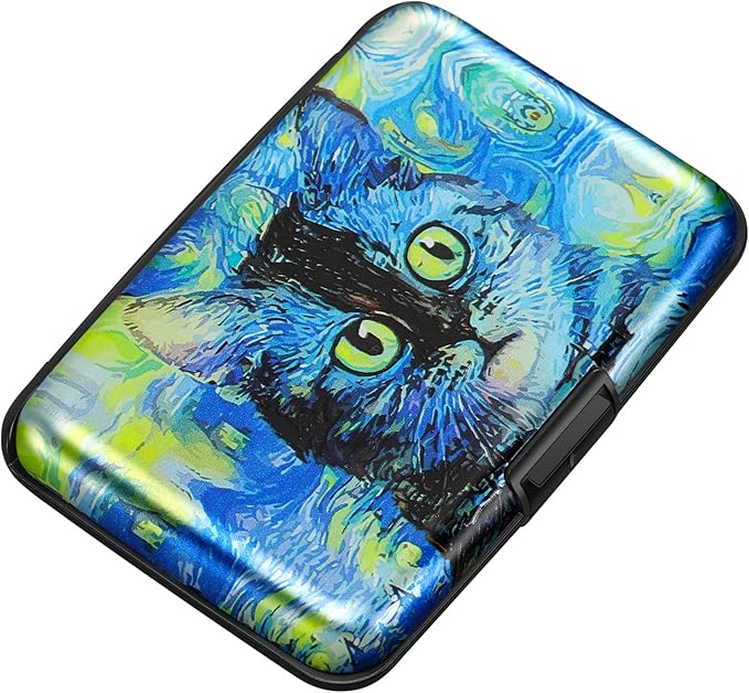 ELFISH Mini RFID Aluminum Wallet Credit Cards Holder Business Card Case Metal ID Case for Men Women(Blue Cat)