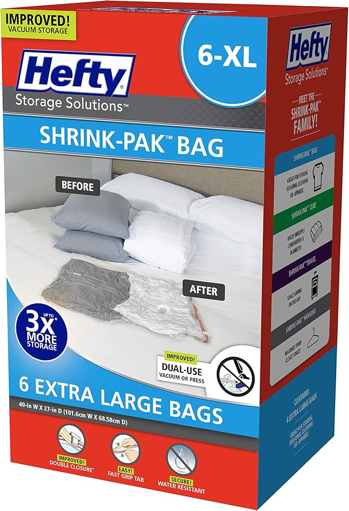 Hefty Shrink-Pak – 6 Extra Large Vacuum Seal Storage Bags – Space Saver Bags for Clothing, Pillows, Towels, or Blankets, 6 x XL Bags