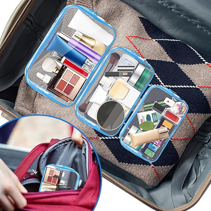 AURUZA Clear Makeup Bag,Portable Travel Toiletry Bags with Zipper, TSA Approved Clear Organizer Bags, PVC Cosmetic Pouch for Airport Airline Compliant (4 Packs Blue)