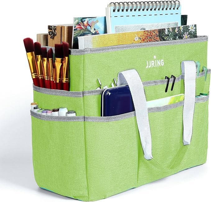 JJRING Craft Organizer Tote Bag, Large Art Storage Caddy with Multiple Pockets, Cyan Sewing Bag for Art, Craft, Scrapbooking, School, Medical, and Office Supplies Storage