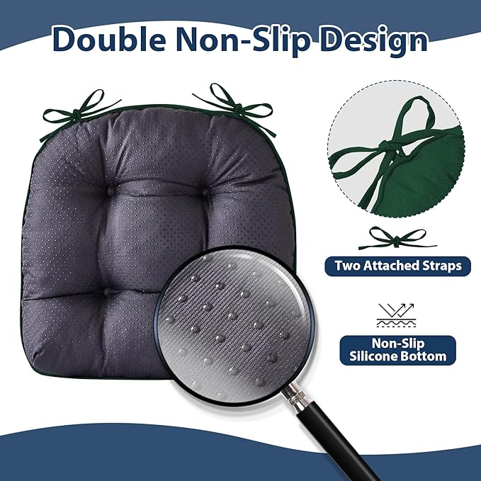 Chair Cushions for Dining Chairs, Seat Cushions for Kitchen Chairs, Indoor Seat Cushions with Ties, Tufted Foam Chair Pads, Non Slip Chair Cushions Set of 4, 15.5" x 15.5" x 4", Dark Green