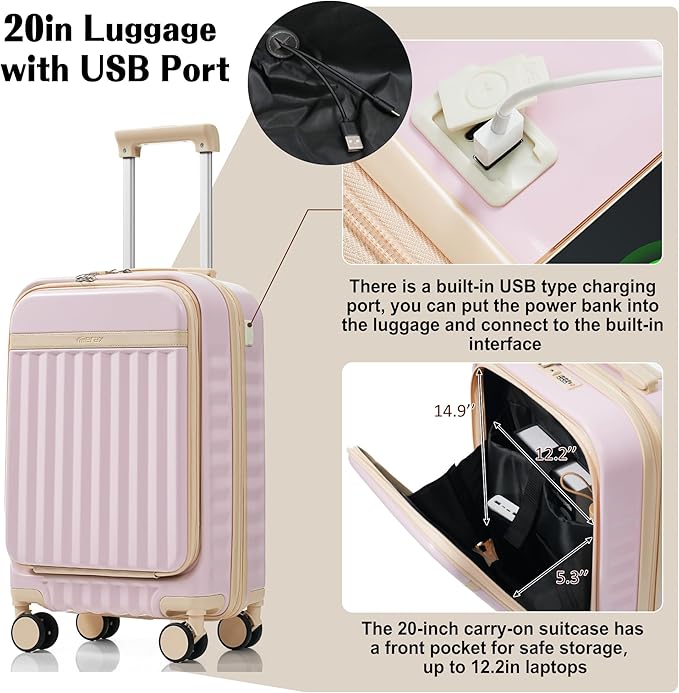 Hardshell Luggage, Lightweight Suitcase with Spinner Wheels, LIGHT PINK+USB