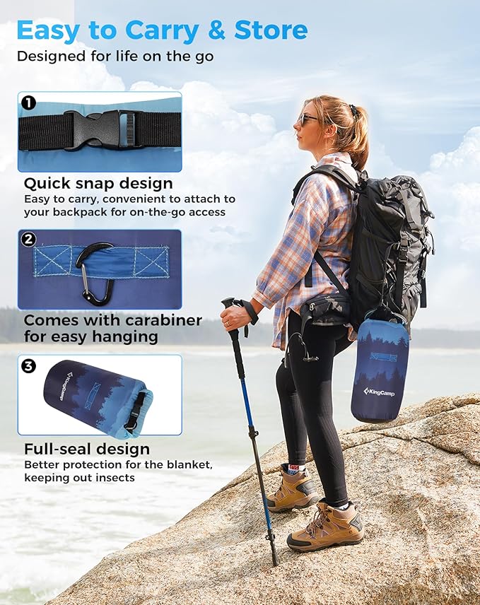 KingCamp Ultralight Camping Blanket, Packable Down Alternative Puffy Printed Wearable Blanket with Snap Buttons & Corner Loops Weatherproof Quilt for Outdoor Travel Stadium (78.7" x 57.1", Forest)