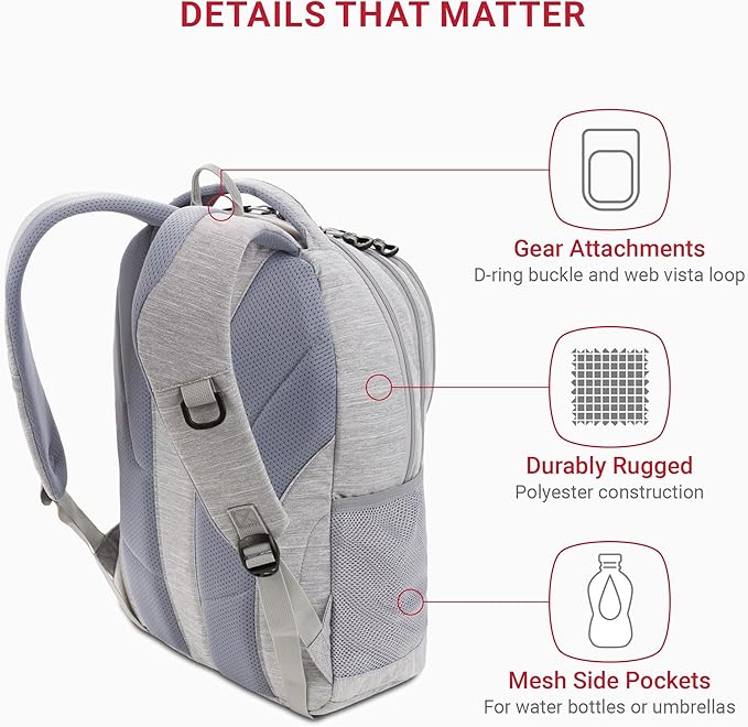 SWISSGEAR Cecil 18-Inch Laptop Backpack Fits 16-Inch Laptop, Travel Daypack with Organizer Pockets, Water Bottle Holders & Padded Straps – Light Grey